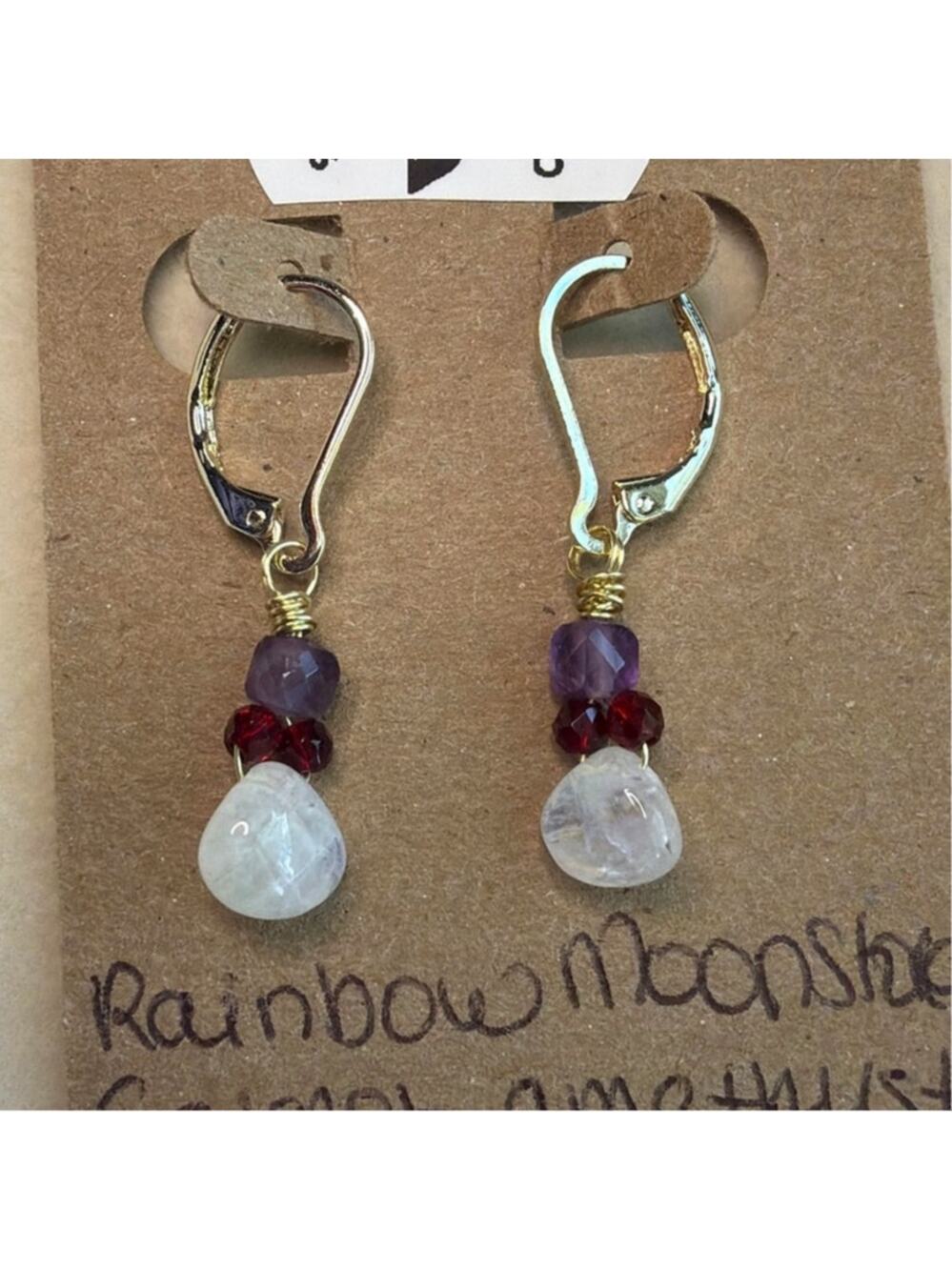 Gemstone Earrings, Rainbow Moonstone, Amethyst & Garnet, 14K Gold Filled Levers